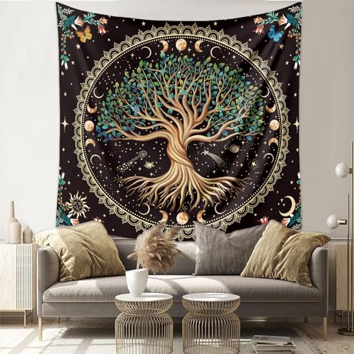 Lang Xuan Moon Phase Tree Of Life Tapestry Nature Flower Plant Butterfly Tapestries Boho Mandala Spiritual Tapestry Aesthetic Wall Hanging For Home Decor Bedroom Living Room Dorm Decor thumb #7