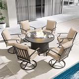 ASJMR 7 Piece Outdoor Dining Set for 6 with 48" Round Propane Fire Pit, Metal Outdoor Table and Chairs with 6 Swivel Chairs and Outdoor Fire Pit, Patio Table and Chairs Set for Patio, Deck, Sand