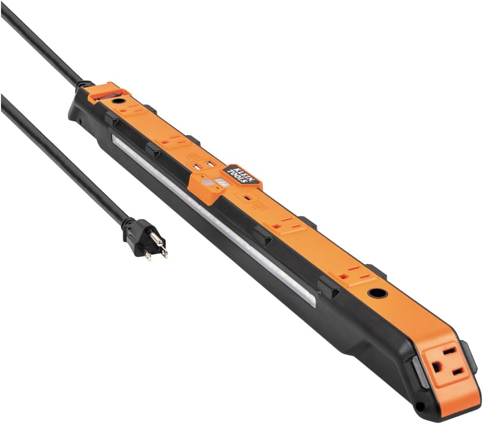 Klein Tools 29602 Magnetic Power Strip, Surge Protector with Motion Sensor LED Light, 5 Outlets, USB-C and 2 USB-A Ports, 5-Foot Cord, Heavy Duty for Workshop