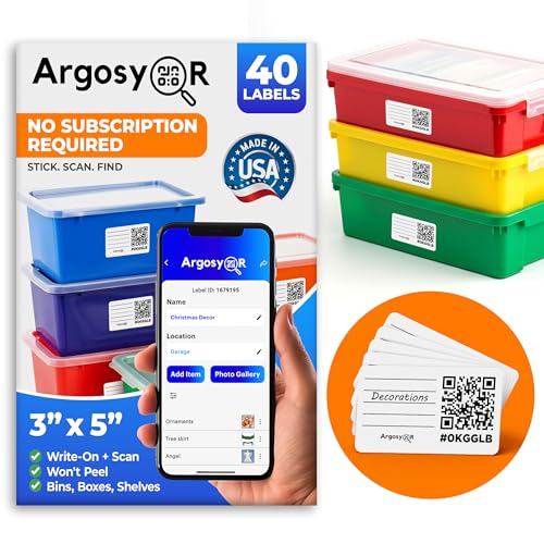 Argosy QR Weatherproof Smart Labels for Storage Bins – 40 Pack 3x5 Inch – USA-Made Dual-Function QR Code & Write-On Labels for Bins, Moving Boxes, Totes & Inventory Organization