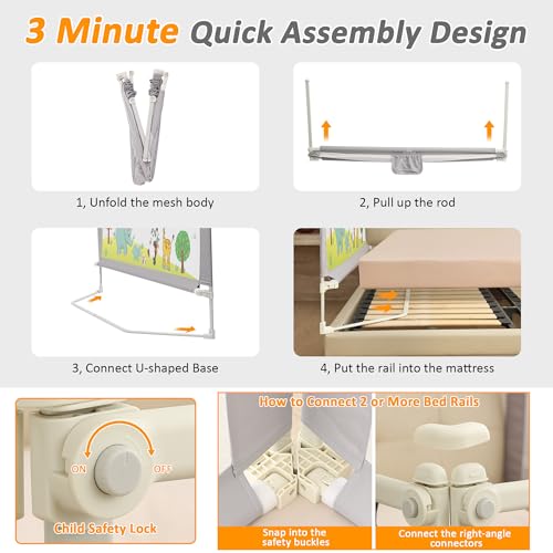Bed Rails for Toddlers, Pack of 3 Baby Guard Foldable Kids Bed Rails Guard Infants Safety Guardrail for Queen Size Bed - 2x200cm + 1x150 cm in Bundle - 3 Minute Quick Assembly by BabyAlly - Image 3