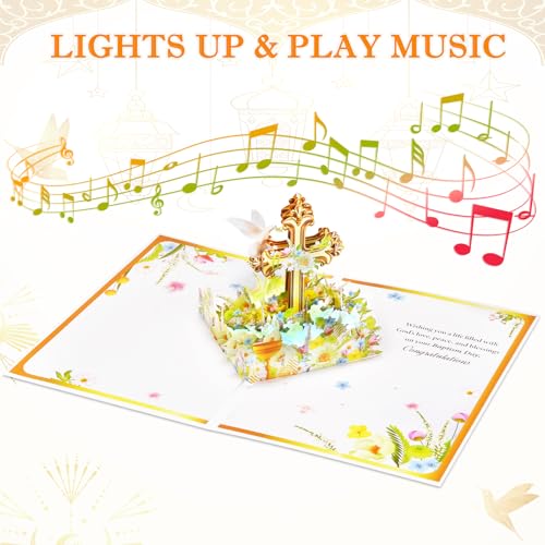 Image of Baptism Pop Up Card with Lights, 3D Musical Christening Greeting Cards | Popup Gold Cross & Dove Design, Sacred Religious Keepsake Baptism Gift Cards with Envelope for Boys Girls