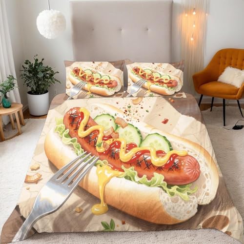 Housse de Couette 140x200 Hot-Dog Parure de Lit 1 Personne Pain Imprimée 3D Microfibre Douce...