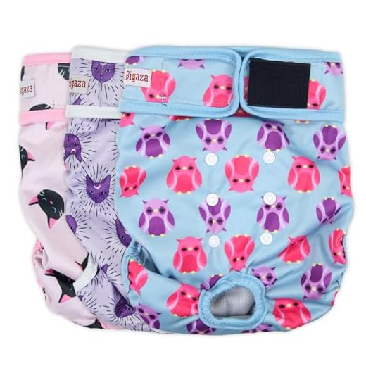 Fuz Bigaza Washable Dog Diapers (3 Pack), Reusable Dog Diapers for Doggie Heat Period, Reusable Doggie Diaper for Female Dogs (Cat, Owl, Medium)