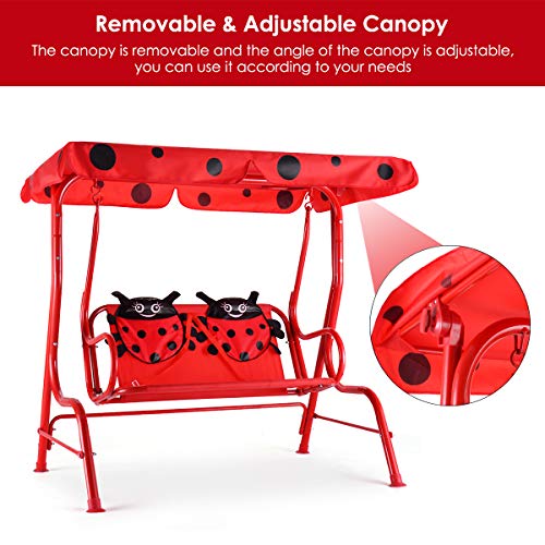 Honey Joy Kids Patio Swing, 2-Seater Outdoor Porch Swing Lounge Chair W/Canopy & Safety Belt, All Weather Resistant Waterproof Hanging Swing Bench For Patio Garden Poolside Balcony(Red Beetle) #TOP7