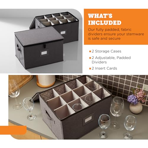 storageLAB Wine Glass Storage Containers, Hard Shell Organizer for Stemware and Glassware Sets, Stackable Wine Glass Storage Box with Dividers for Kitchen and Moving Supplies - 2 Pack Set, Gray - Thumbnail 3