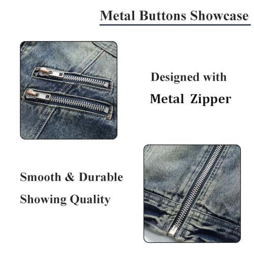 Image of Men's Denim Jacket Vintage-Inspired Jean Jacket with Multiple Pockets - Cotton Blend, Machine Washable