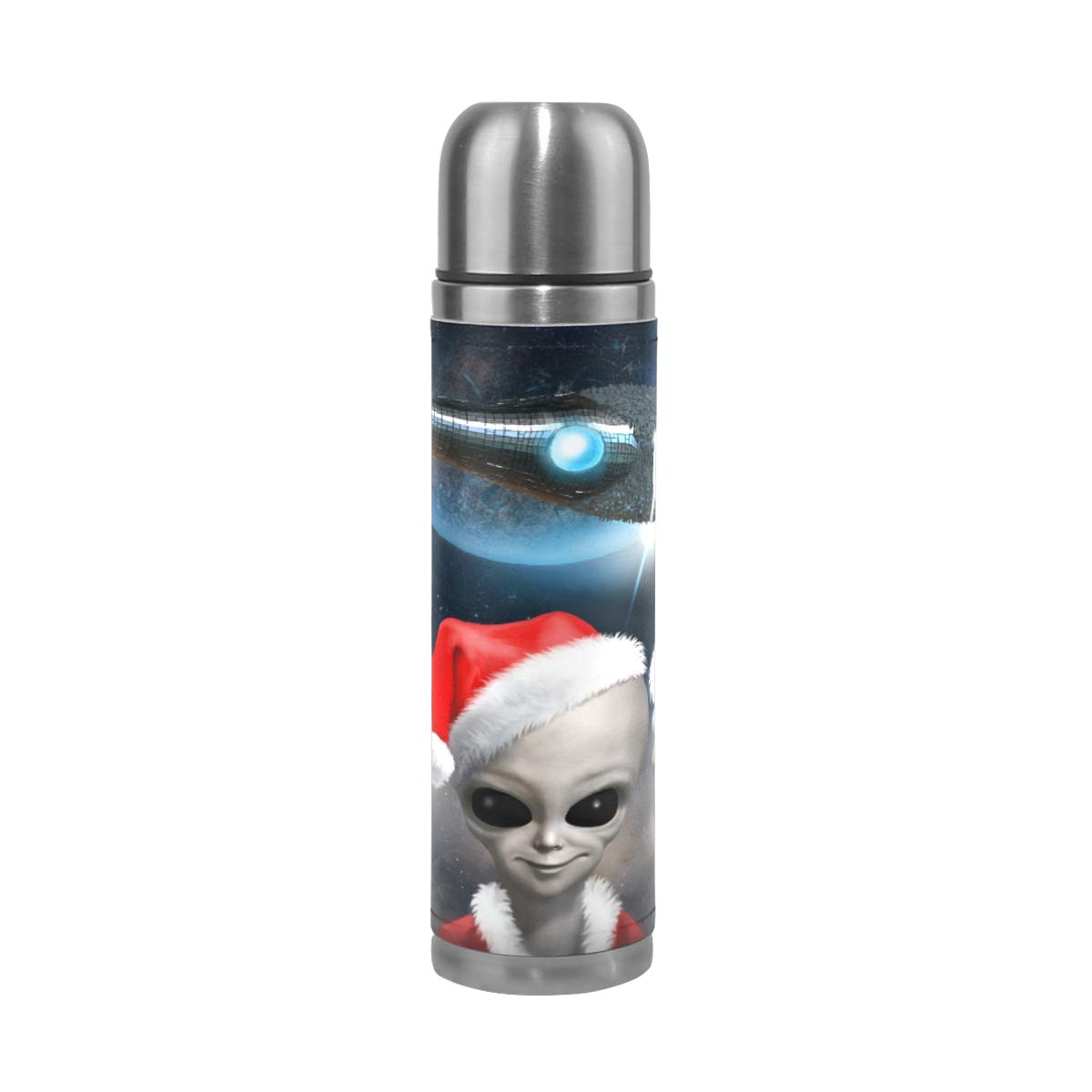 Taza de viaje de acero inoxidable con aislamiento al vacío, doble pared, a prueba de fugas, con diseño de galaxia y Papá Noel, personalizable con estampado de galaxia y Papá Noel, 500 ml