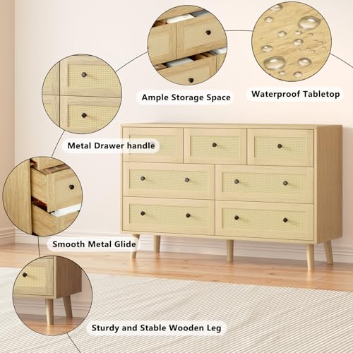 HOUROM Rattan Dresser for Bedroom with 7 Drawers, Natural Wood Durable Dressers & chests of Drawers with Black Handles, Chest of Drawers for Bedroom, Nursery, Entryway, Hallway - Image 3