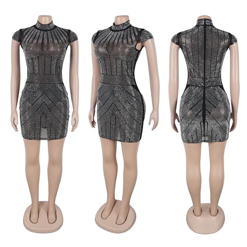 Image of Jigfar Women's Sexy Rhinestone Sheer Mesh See Through Bodycon Dress Birthday Party Club Night Outfits