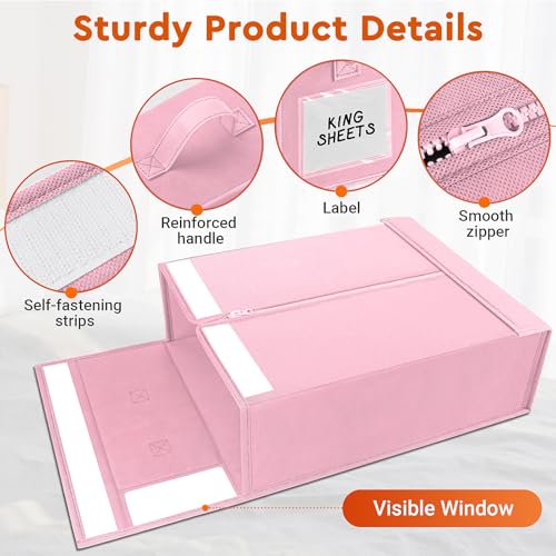 Image of StorageTastic 2 Pack Bed Sheet Closet Organizers and Storage,Sturdy Foldable Storage Containers with Window and Label,Storage and Organization for Bedding Sheets,Duvet Covers,Blankets (Pink)