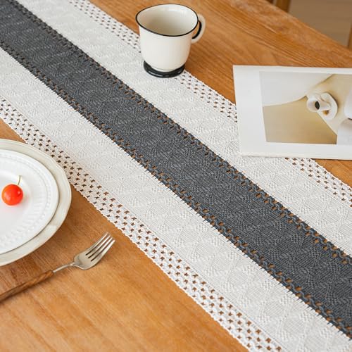 Image of FEXIA Boho Table Runner for Summer Home Decor with Tassels 90 Inches Long Farmhouse Grey Rustic Burlap Table Runner Macrame Table Decoration for Kitchen Bedroom Living Room (12x90 Inches)