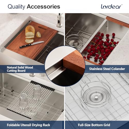Lordear 33 Farmhouse Sink Stainless Steel Apron Front Ledge Workstation Deep Single Bowl 16 Gauge Stainless Steel Kitchen Farm Kitchen Sinks with Accessories, 9" Apron Height by Lordear - Used condition - Image 6