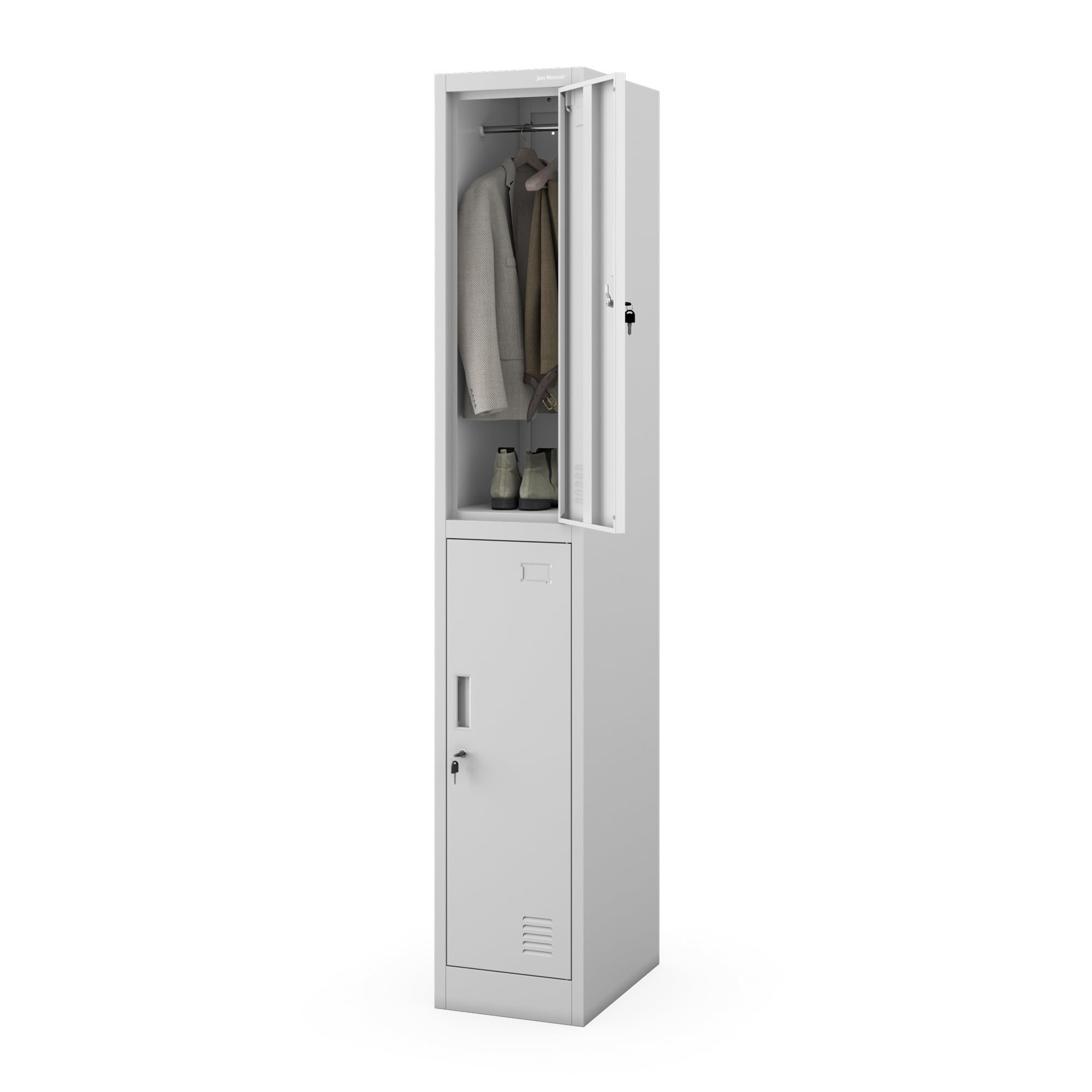 Jan Nowak Spind Schließfachschrank Metall, 2 Fächer, 32 x 185 x 45 cm | Sozialschrank mit Kleiderstange, Lüftung, Etikettenhaltern, 4 Schlüsseln, Stahl 0,6 mm, Wandmontage, robust für Umkleideraum