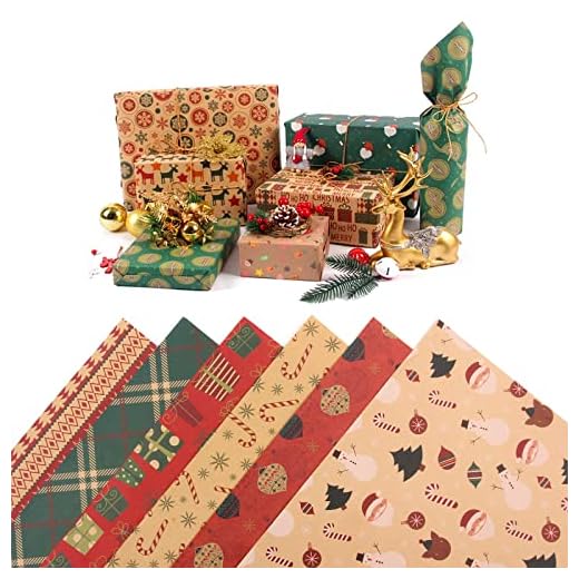 Juego Clásico de Papel de Regalo Navideño,Hojas Papel Regalo Kraft,Papel de Rgalo Kraft Con Motivos Navideños,Para bodas,Día de San Valentín,Halloween