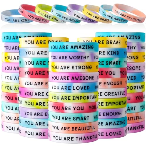 100 Pieces Motivational Wristbands Bulk for Student Colored Inspirational Rubber Bands Students Inspirational Bracelets Teacher for Kids Christmas Gift (Swirl Colours)