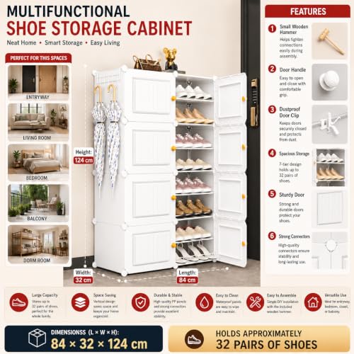 Image of EXVITO Portable Modular Plastic Shoe Cabinet with Doors, 16-Tier Stackable Shoe Rack Organizer, Dustproof Waterproof Shoe Storage Cabinet, Space Saving Entryway Shoe Shelf - White