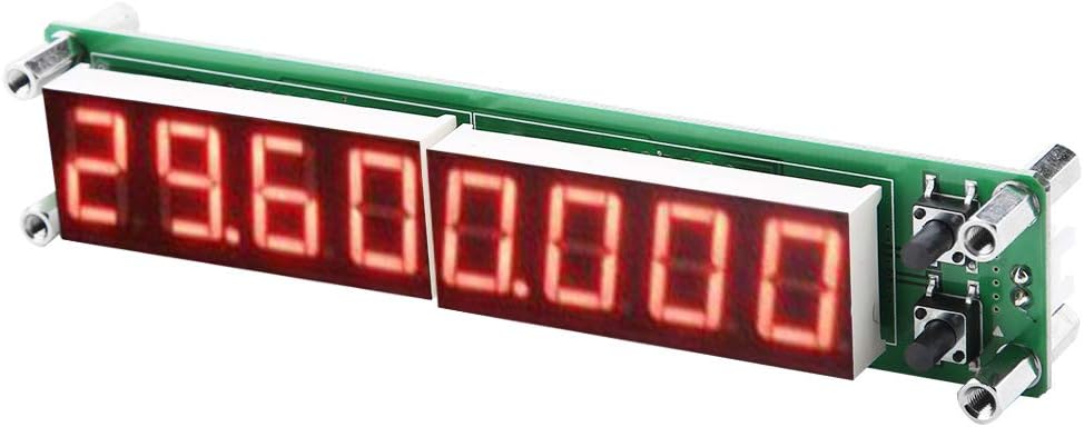 Angolato view of the frequency counter module showing the red LED display and two control buttons on the right side