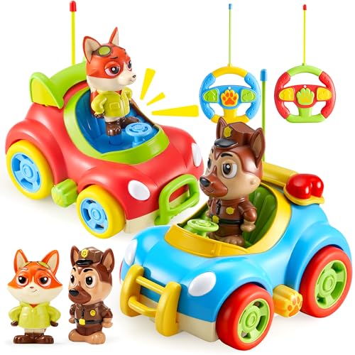 lalalark 2 Pack Remote Control Car for Toddlers, RC Cars with Cartoon Figure, Kids Toy Bumper Cars with LED Lights and Sounds, Light Up Car with...