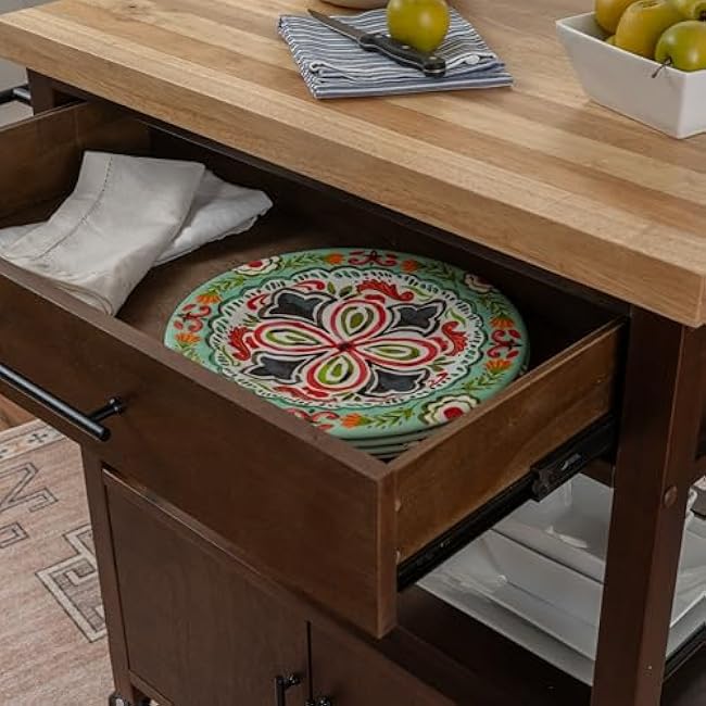 Linon Demaris Dark Walnut Wooden Mobile Kitchen Cart with Natural Butcher Block Top-5U87BkZS