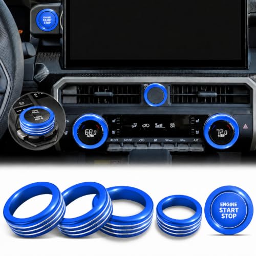Image of for Toyota Tacoma 2024-2026 & 4Runner 2025-2026, 14-Inch Screen Aluminum Alloy Knob Cover Trim - Fits Push Start, AC, Volume & 4WD Gear Switch (Blue, 6-Piece Set)