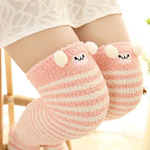Image of Hotmiss Womens Thigh High Fuzzy Socks Cute Over the Knee Stockings Winter Warm Stripe Leg Warmers