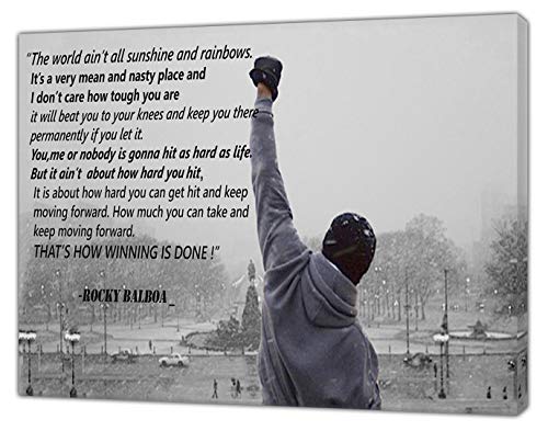 Rocky Balboa Foto mit seiner Zitate in, B & W Kunstdruck auf gerahmter Leinwand Art Wand, 24 x 16 inch -18mm depth