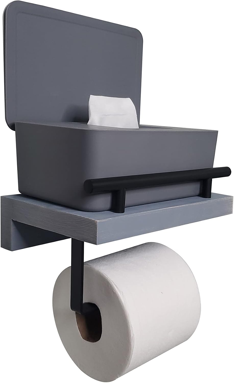 Wood Toilet Paper Holder With Shelf - Rustic Pine Wood Shelving with Bar & Black Metal Storage Rack For Tissue Rolls, Wipes, Hand Towels - Wall Mounted Modern Farmhouse Bathroom Organizer image 4