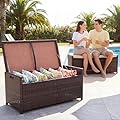 PROHIKER 2-in-1 Wicker Deck Box Bench, All-Weather 55 Gallon Outdoor Storage Box with Cushions and Waterproof Bag, Rattan Storage Bench for Pool Tools, Outdoor Equipments and Garden Tools, Brown/Beige