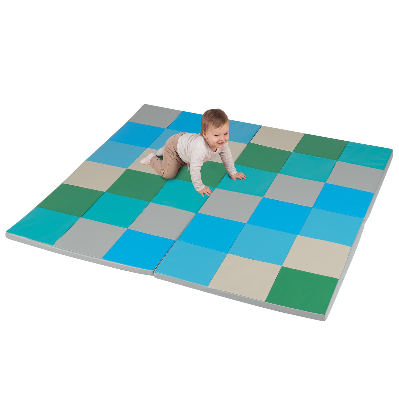 COSTWAY Tappeto Gioco Pieghevole, 144 x 144 cm, Tappetino da Ginnastica con Pelle Impermeabile, Tappeto da Pavimento per Cameretta (Blu+Verde)