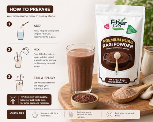 Image of FiberCan Ragi Powder 300g | Premium Finger Millet Flour | Nachni Atta | Kelvaragu Maavu /Hittu | 100% Natural, Gluten Free & High Fiber Whole Grain for Healthy Roti, Dosa, Puttu & Porridge