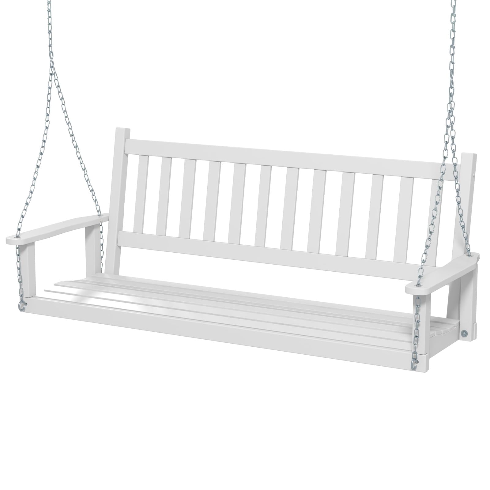 COSTWAY Banco Columpio de 2-3 Plazas, Banco Colgante de Jardín, Madera de Álamo, Cadenas Ajustables de 170cm, Respaldo de Listones (168 x 65 x 63 cm, Blanco)