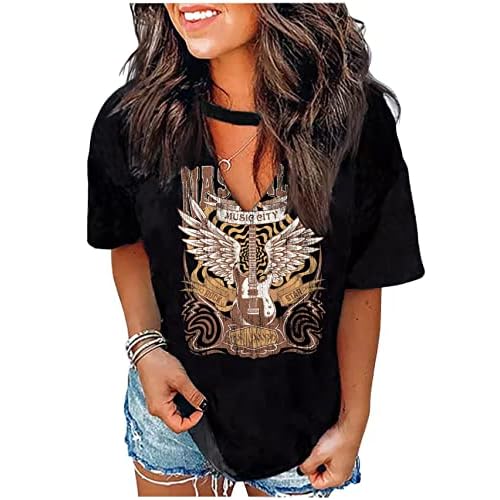Hollow Out T Shirts for Women Western Graphic Shirts Country Cowgirls Shirts Casual Short Sleeve V Neck Tops