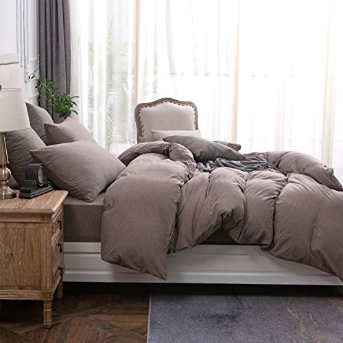 PURE ERA Jersey Knit Duvet Cover Set 100% T-Shirt Cotton Super Soft Comfy 3pc Bedding Set with Zipper Closure (Heather Brown, Queen) - Thumbnail 3