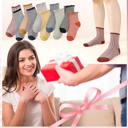 Image of 6 Pairs Women Ruffle Striped Frilly Socks, Cute Checkered Ankle Sock for Women Cotton Knit Casual Crew Socks