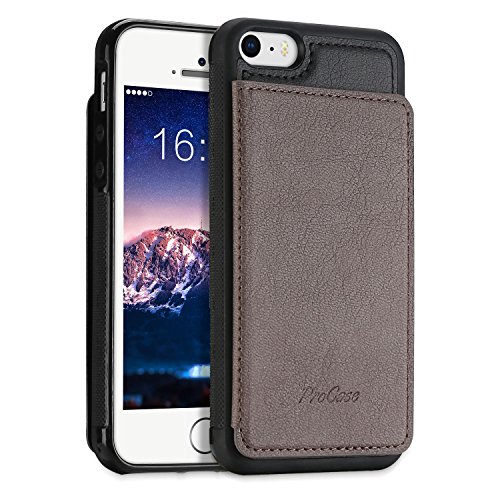 ProCase iPhone Se / 5S Portefeuille Case, Étui en Cuir Minimaliste Hybride Stand De Protection Couverture Arrière avec Porte Carte À Fente Cash Pocket pour Apple iPhone Se 5S 5C 5 -Kaki