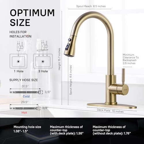 Image of WEWE Gold Kitchen Faucet with Pull Down Sprayer, Single Handle Brushed Gold Kitchen Sink Faucets Stainless Steel Brass Copper Commercial RV 1 or 3 Hole, Champagne Bronze