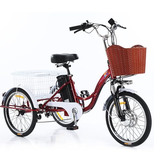 pealiritansemen Elektrofahrrad Für Erwachsene: 20 Zoll Dreirad Mit 7 Gängen, 48 V (12 Ah) Akku, 350-W-Motor, Hohe Geschwindigkeit, Großer Korb, Scheinwerfer, 20 km/h Höchstgeschwindigkeit Red