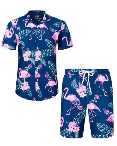 J.VER Herren Hawaiihemd Flamingo Floral Kurzarmhemd und Shorts Sommer Beach...