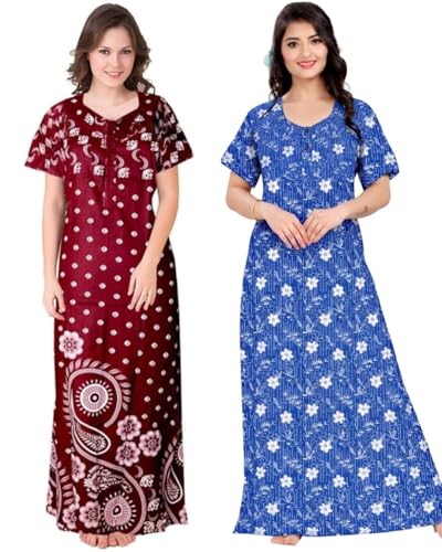 Image of Women Cotton Nighty Combo Pack of 2, Printed Maxi Nighty Gown, Short Sleeve Cotton Nightdress, Soft Breathable Ankle Length Sleepwear Nightwear for Ladies, Free Size