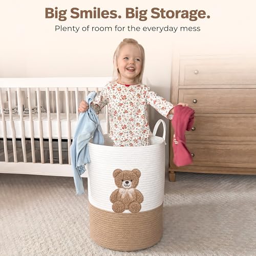 Image of Teddy Bear Baby Laundry Basket, Tall Woven Rope Nursery Hamper, 20x15 in