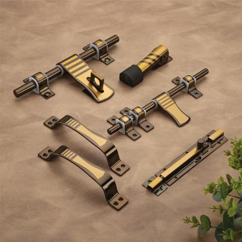 Image of COMPASS D-Cut Stainless Steel Heavy Single Door Fitting Accessories Full Set /Kit (1 Aldrop, 1 Latch, 2 Handles, 1 Tower Bolt and 1 Door Stopper | 10 inch | Vintage Finish