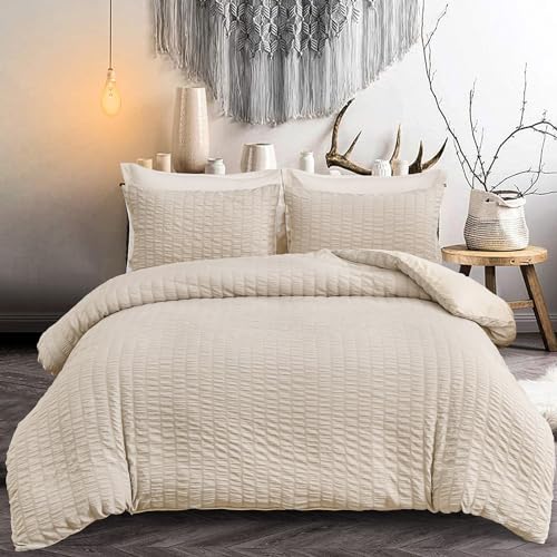 Beige Seersucker Bedding Set King Size Puckering Seersucker Cream Duvet Cover Set Soft Microfiber 2 Pillowcases and Zipper Closure 220×230cm