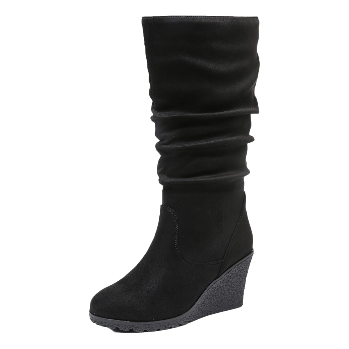 Womens Knee High Black Suede Boots with Wedge Heel Wide Calf Design Side Zipper Non-Waterproof Fashion Boots