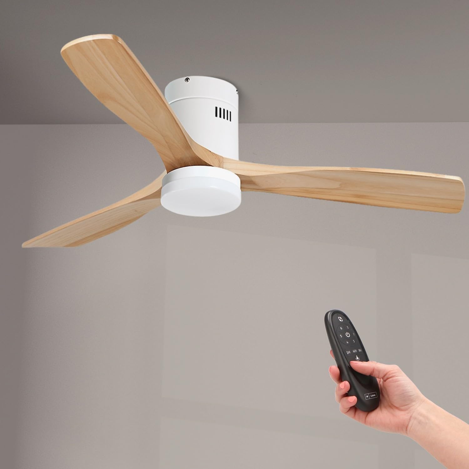 M mimotec - Ventilador de Techo Led White Energy Mdf, mando a distancia, motor DC 50W+Luz Led 18W, 6 velocidades, Silencioso,3 Aspas efecto madera, 132 cm, función verano-invierno, temporizador