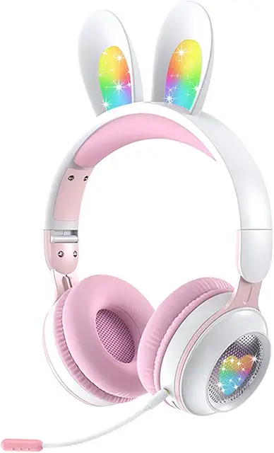 Imagen relacionada con Woukksy Auriculares Bluetooth para Niños, Auriculares Inalámbricos Plegables para Niñas con Micrófono Desmontable e Luces LED, con Limitador de Volumen de 85 dB para la Escuela/Viajes