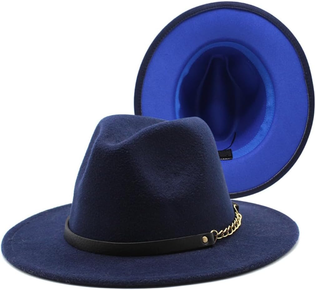 Wide Brim Fedora Hat with Red Interior, White, Black Band with Gold Chain
