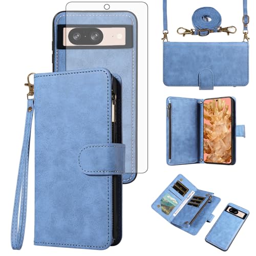 Étui pour Google Pixel 8 Asuwish portefeuille amovible avec fermeture éclair et verre