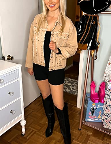 Apafes Women'S Fashion Crop Fringe Denim Jacket Distressed Western Studded Black Trucker Jacket thumb #4