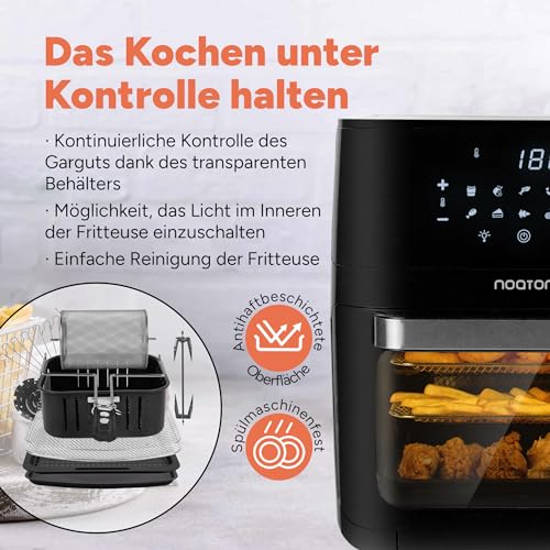 Noaton A120 Ultra Pro Heißluftfritteuse 12L, Fritteuse ohne Öl, Online Rezeptbuch und 26 cm Küchenzange, 1800W, 10 Programme, Digitalem Display, Kompakt, für 1-4 Personen, Schwarz – Bild 4